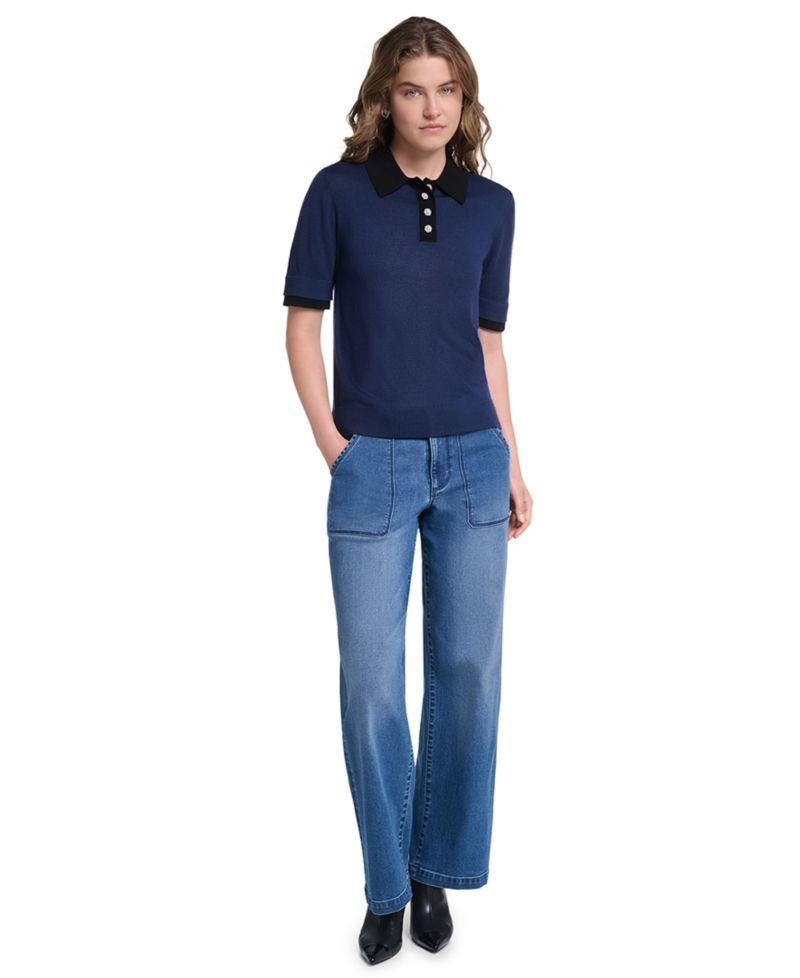 Petite Short-Sleeve Contrast Collar Sweater