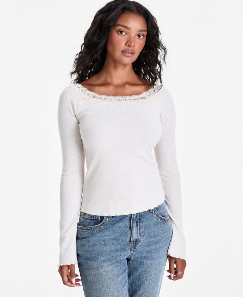 Petite Lace-Trim Scoop-Neck Long-Sleeve Top