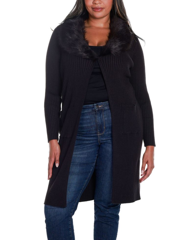 Black Label Plus Size Ribbed Collar Duster Cardigan Sweater