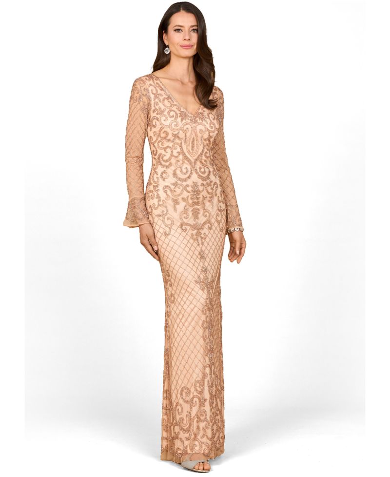 Women's Beaded Long Sleeve V-Neck Gown