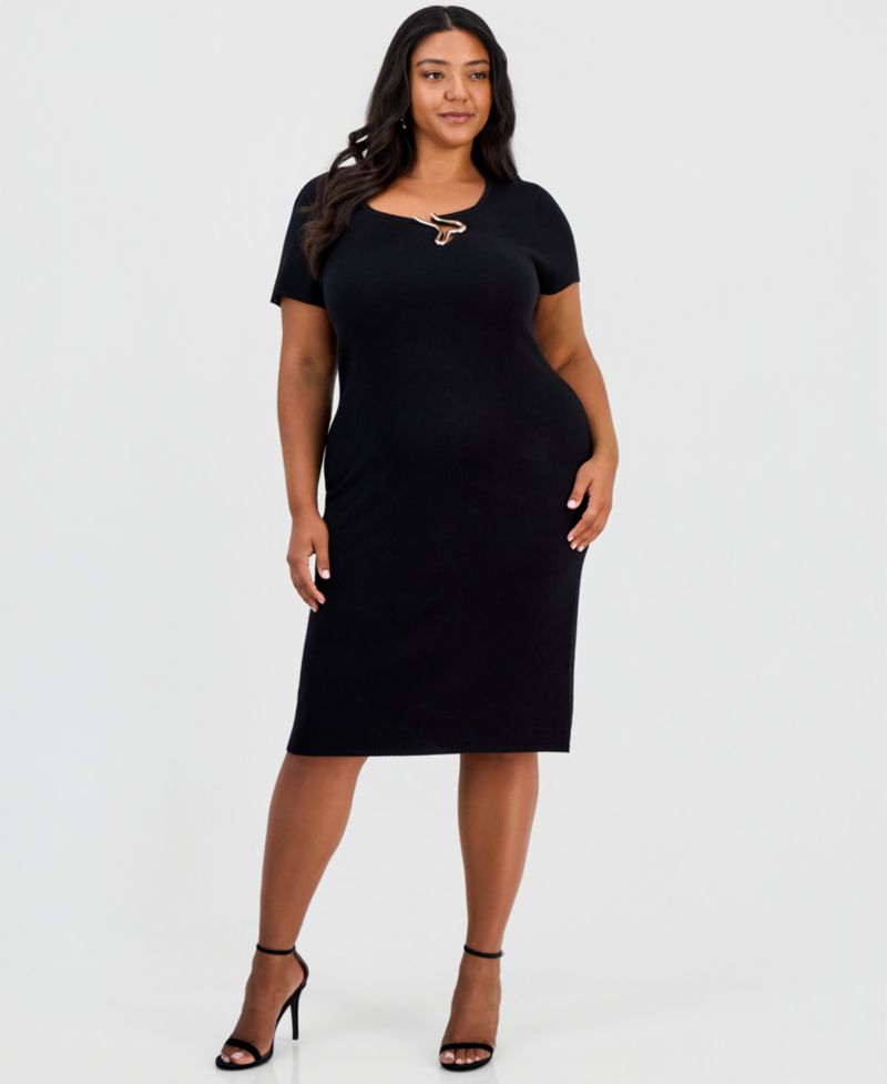 Plus Size Square Neck Short-Sleeve Hardware-Detail Midi Dress