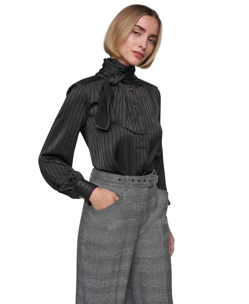 Women's Bow-Blouse Long-Sleeve Collared Top