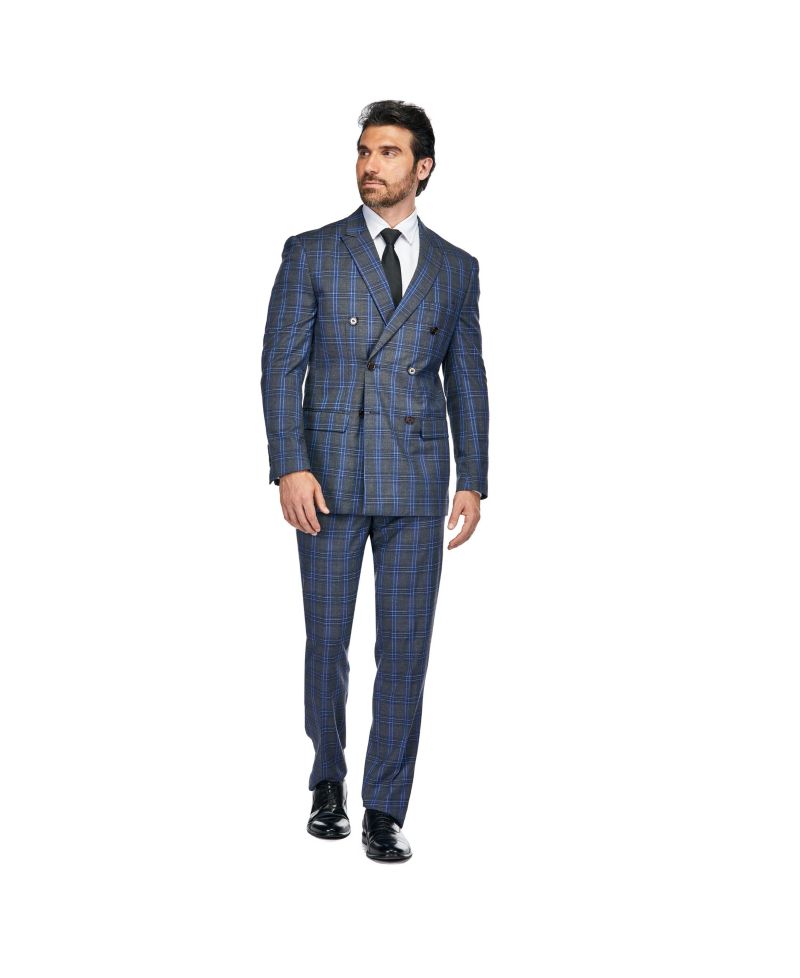 Men's 2-Piece Double Breasted Checked Plaid Slim Fit Suit