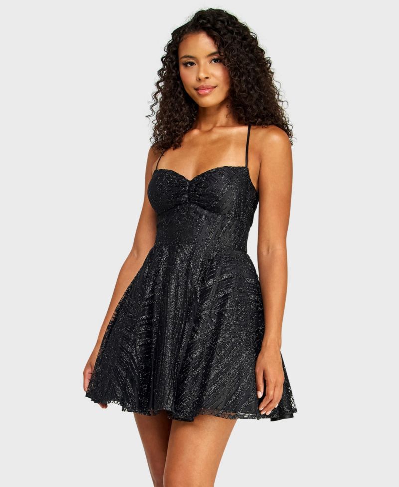Juniors' Sweetheart Neck Glitter Mesh Lace-Up Back Dress