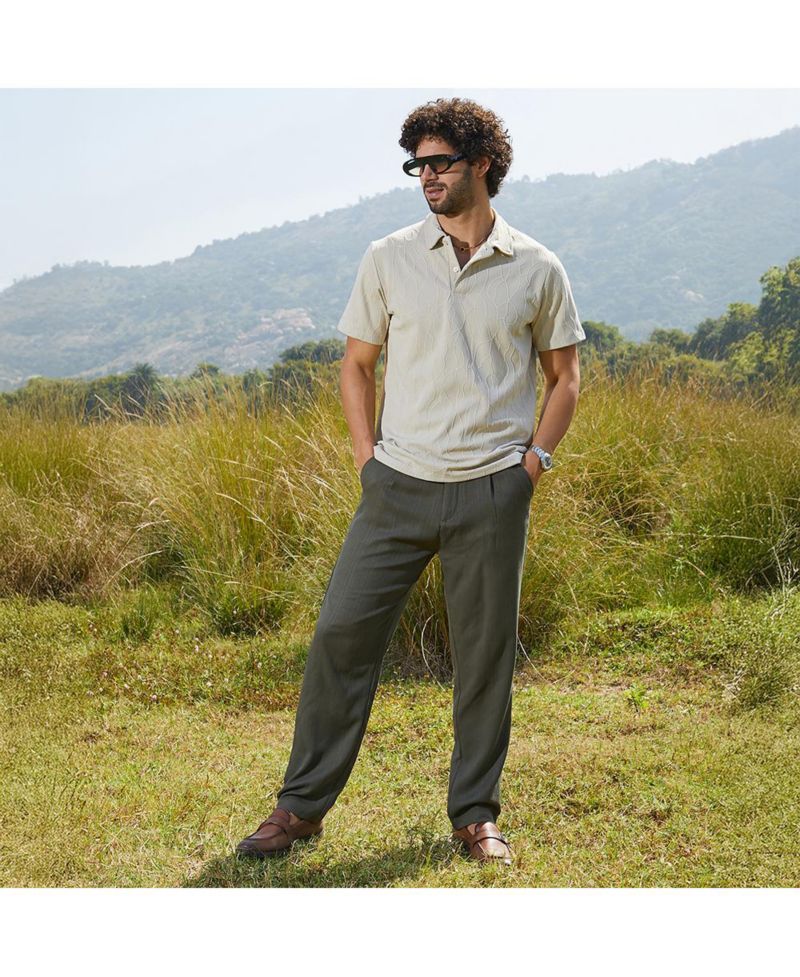 Men's Cream White Veined-Tactile Polo T-Shirt