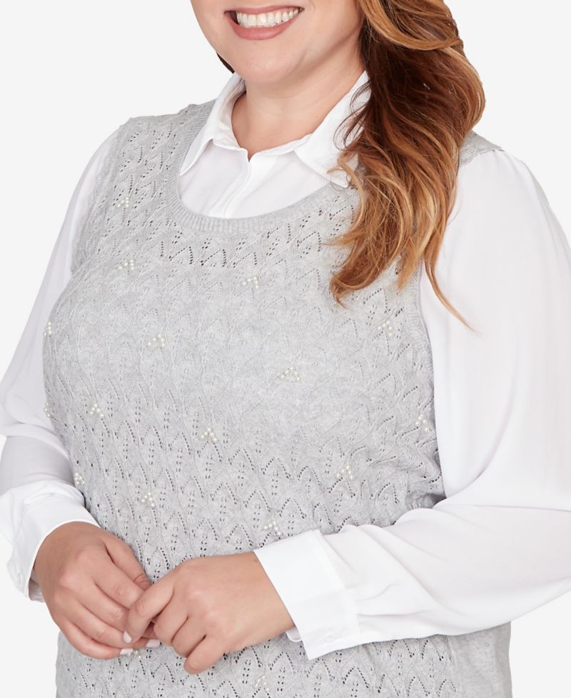 Plus Size Al Fresco Pointelle Mother of Pearl Lace Two In One Sweater