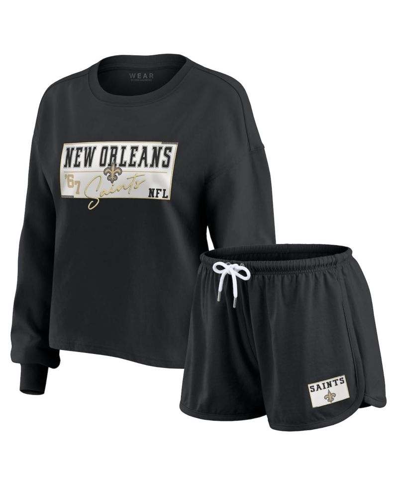 Women's 2-Piece Black New Orleans Saints Heavy Rugby Jersey Long Sleeve T-Shirt and Shorts Lounge Set