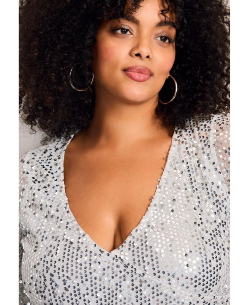 Women's Plus Size Faux Wrap Sequin Top