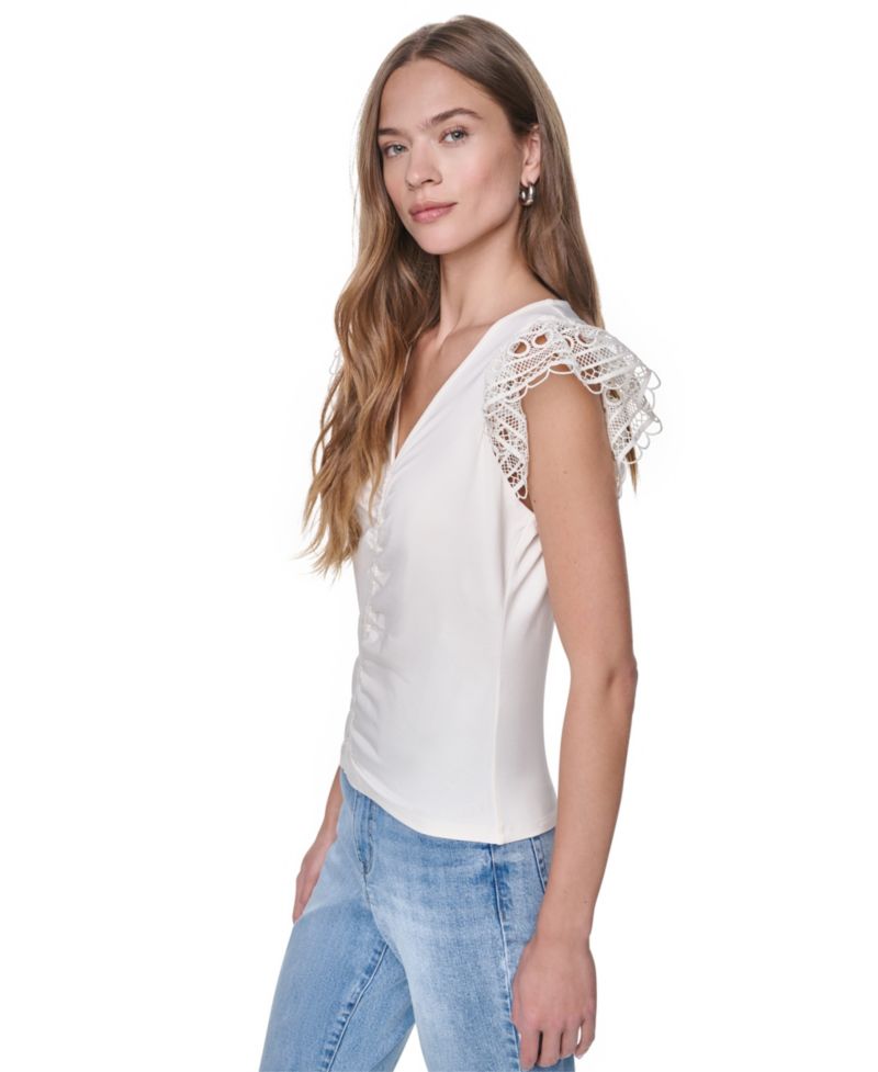 Women's V-Neck Lace Trim Gathered Top
