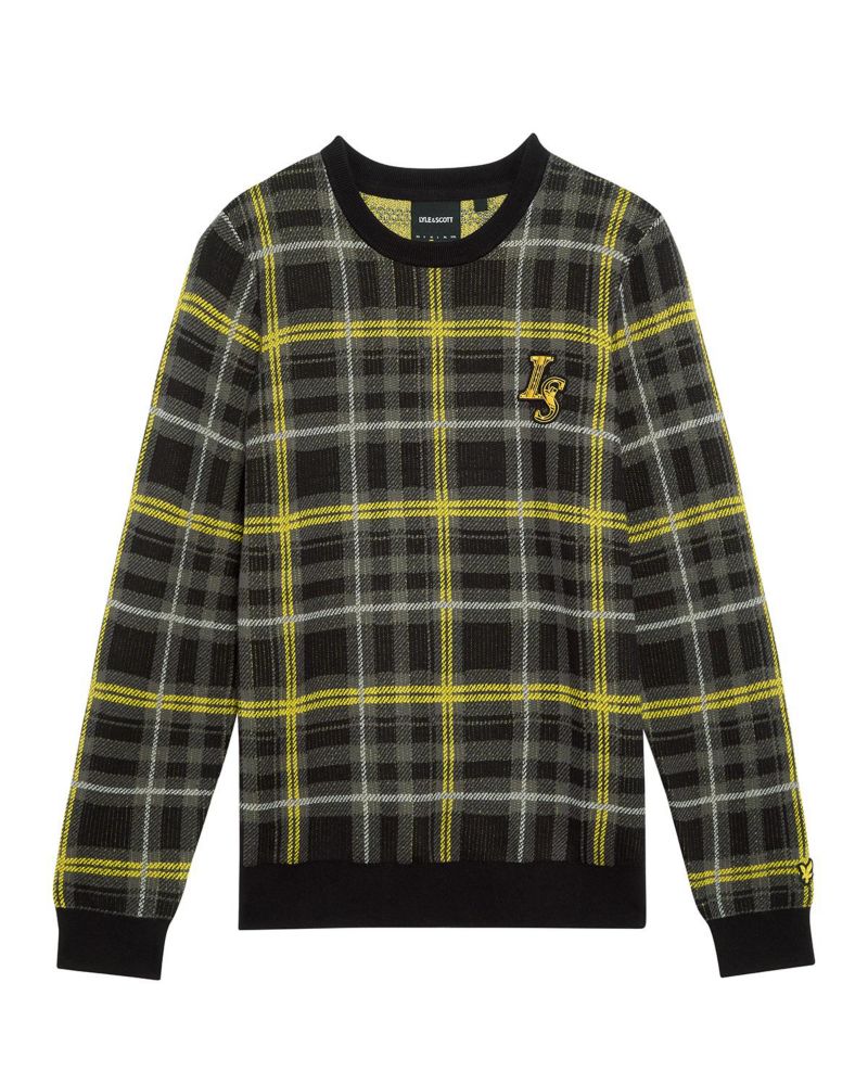 Men's Ribbed Jacquard Tartan Crew Neck