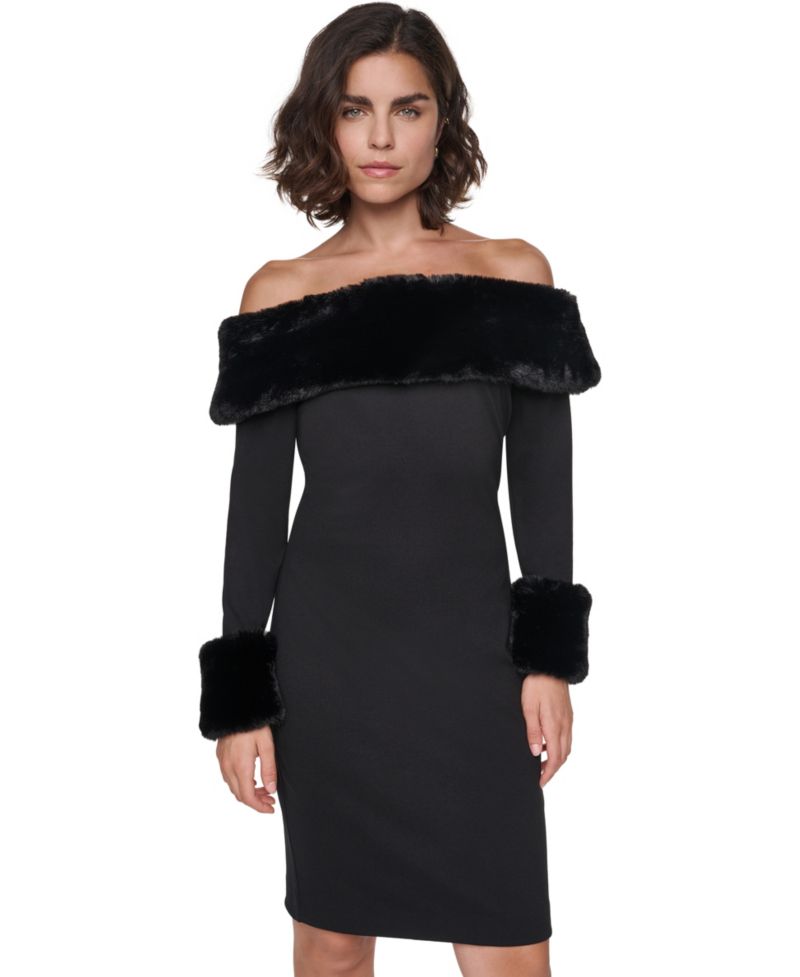 Women's Off-the-Shoulder Faux Fur-Trim Long-Sleeve Dress