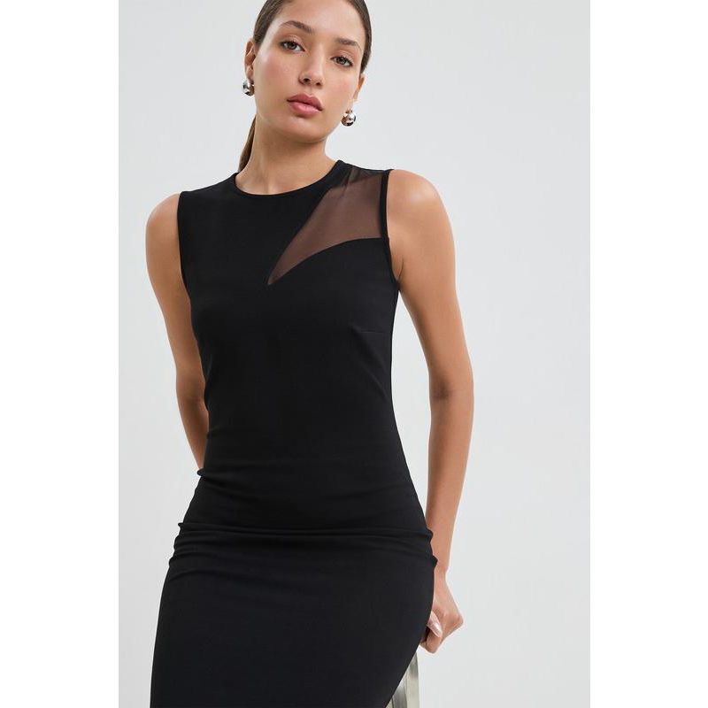Women's Bryant Round-Neck Mesh-Shoulder Sleeveless Back-Slit Midi Dress