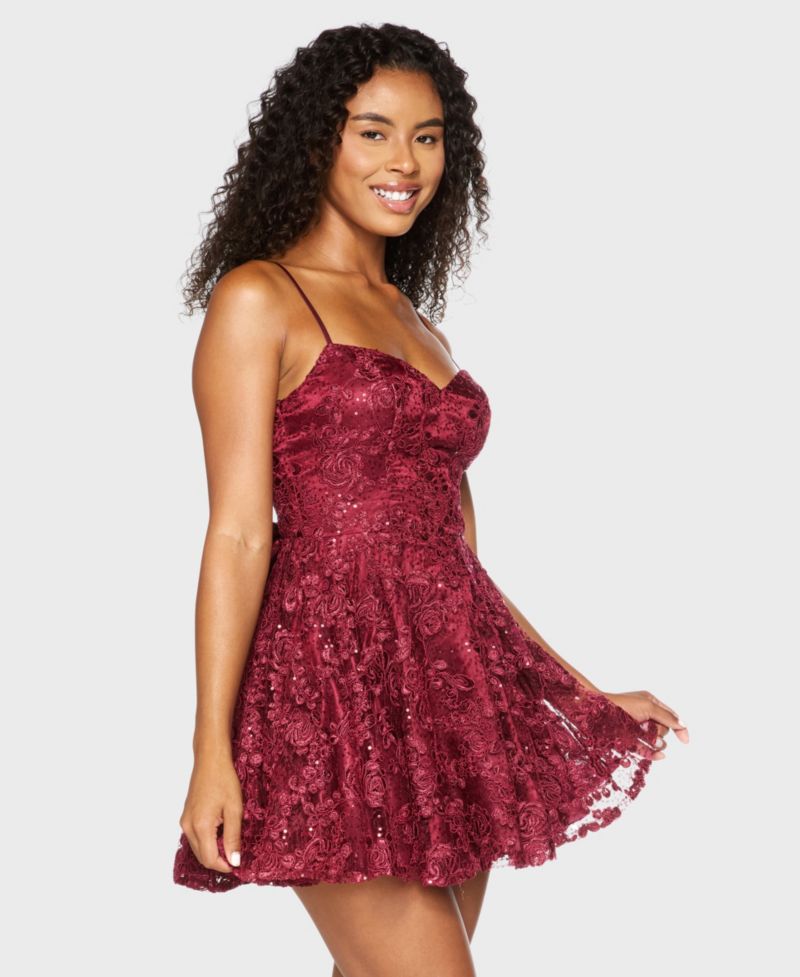 Juniors' Sweetheart Neckline Embroidered Lace Sequin Back Bow Dress
