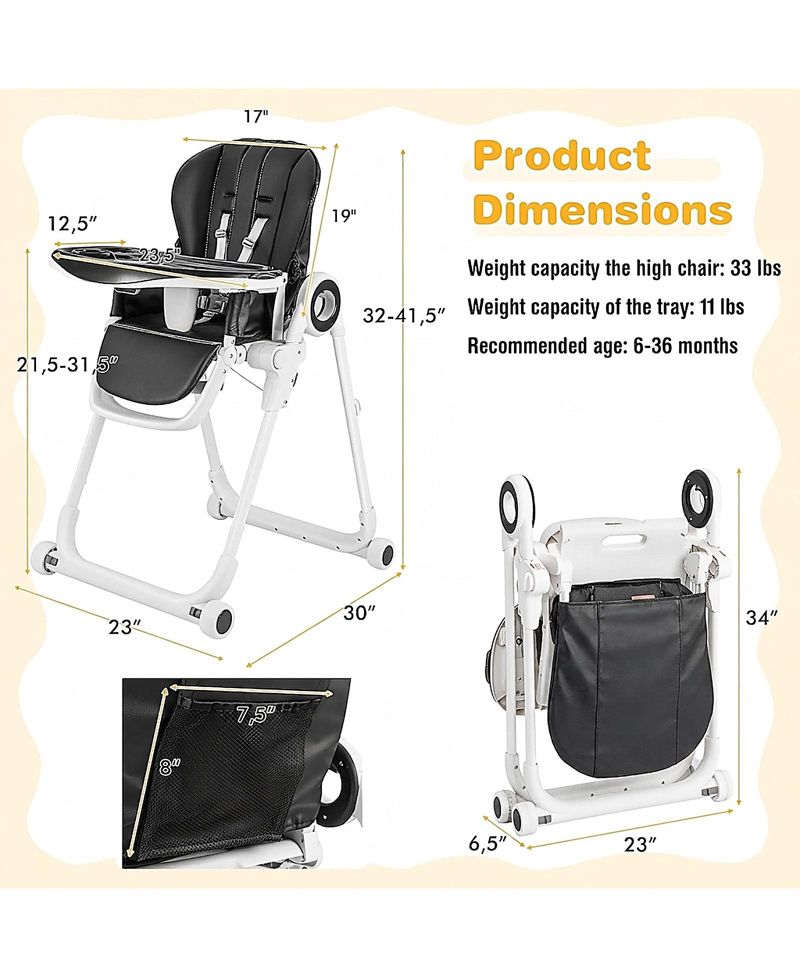 Baby Foldable High Chair with 4 Lockable Wheels and Double Tray