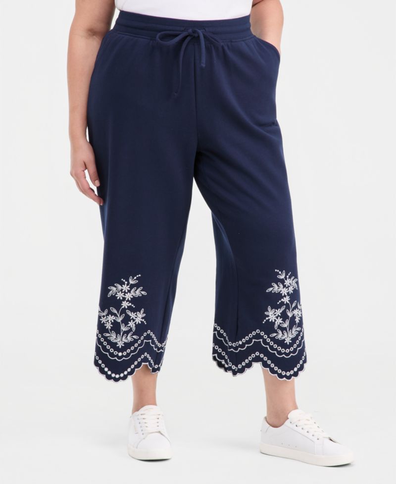 Plus Size Scalloped Eyelet Wide-Leg Knit Pants