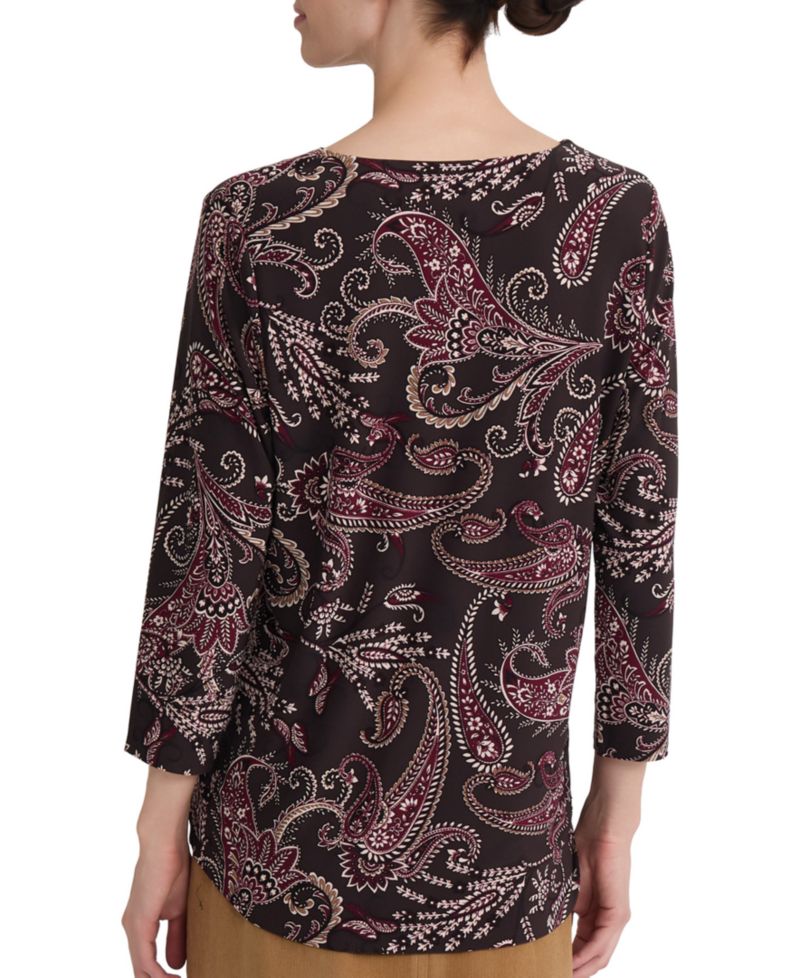 Petite Paisley-Print 3/4-Sleeve Keyhole-Neck Blouse