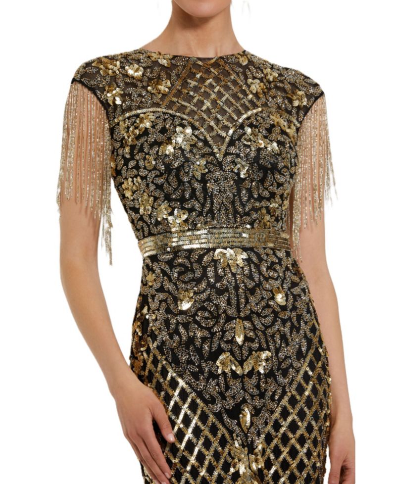Women's High Neck Sleeveless Beaded Fringe Fitted Gown