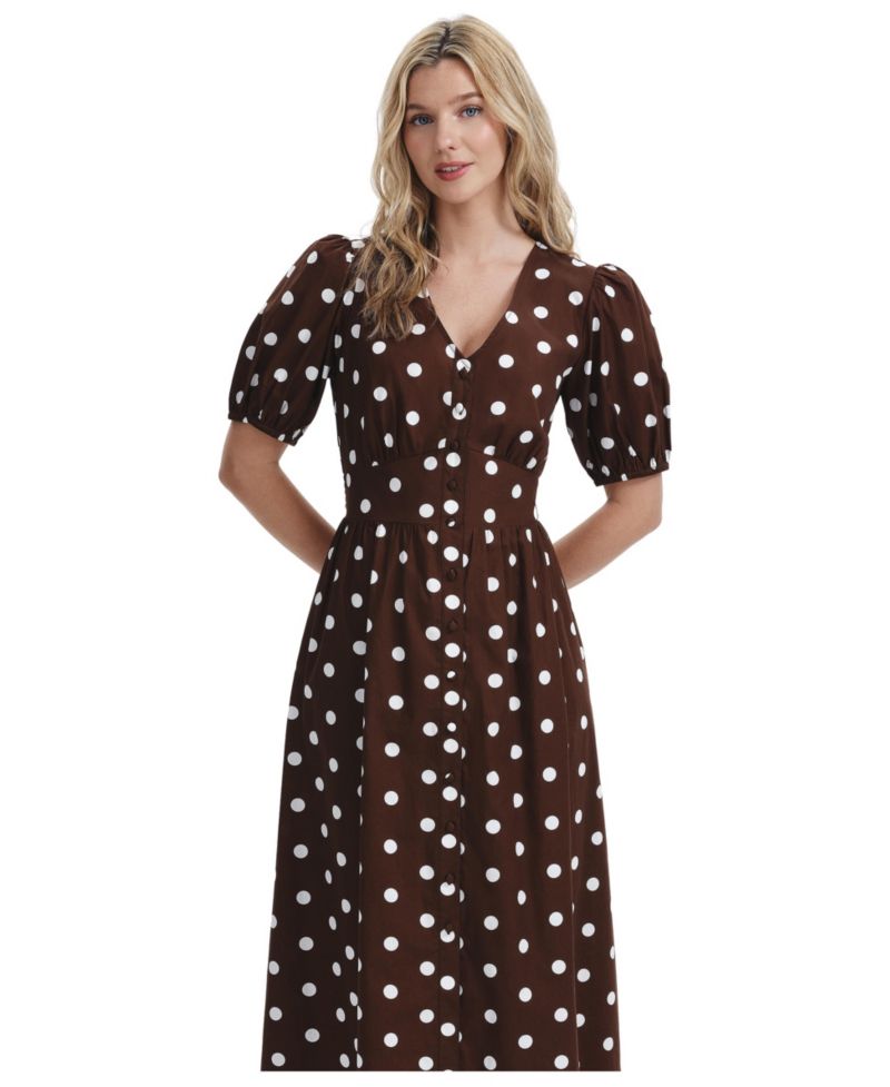 Women's Addison Polka-Dot Midi V-Neck Dress