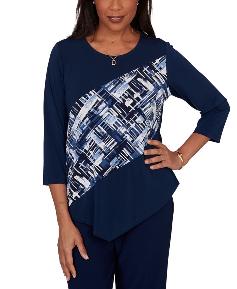 Petite Etched Plaid Diagonal Puff Printed Top