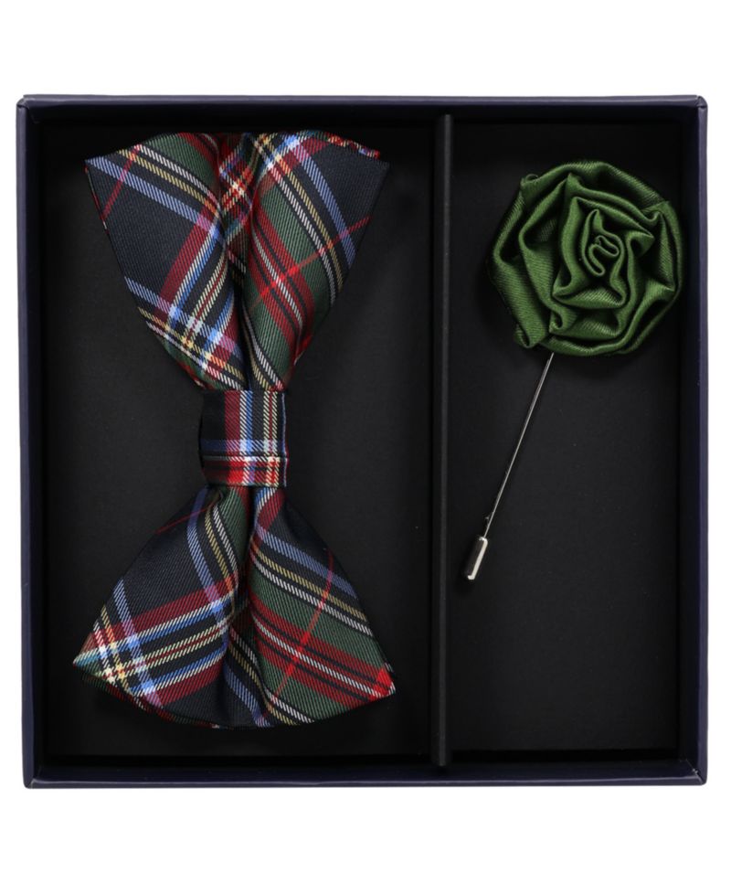 Men's 2-Piece Tartan Plaid Pre-Tied Bow Tie and Lapel Pin Box Set