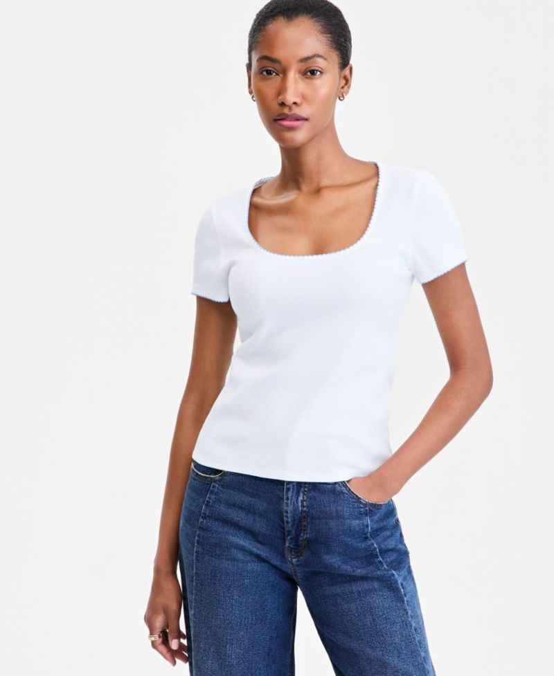 Women's Scoop-Neck Rib Contrast-Stitch Top