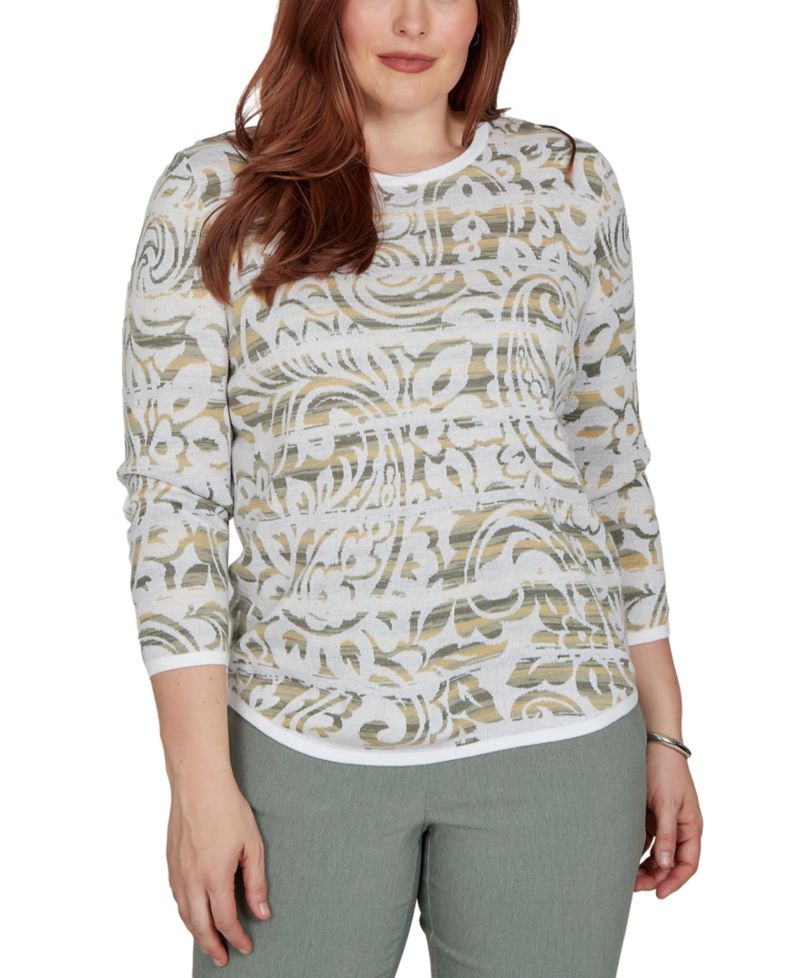 Petite Provence Crewneck 3/4-Sleeve Paisley-Stripe Sweater