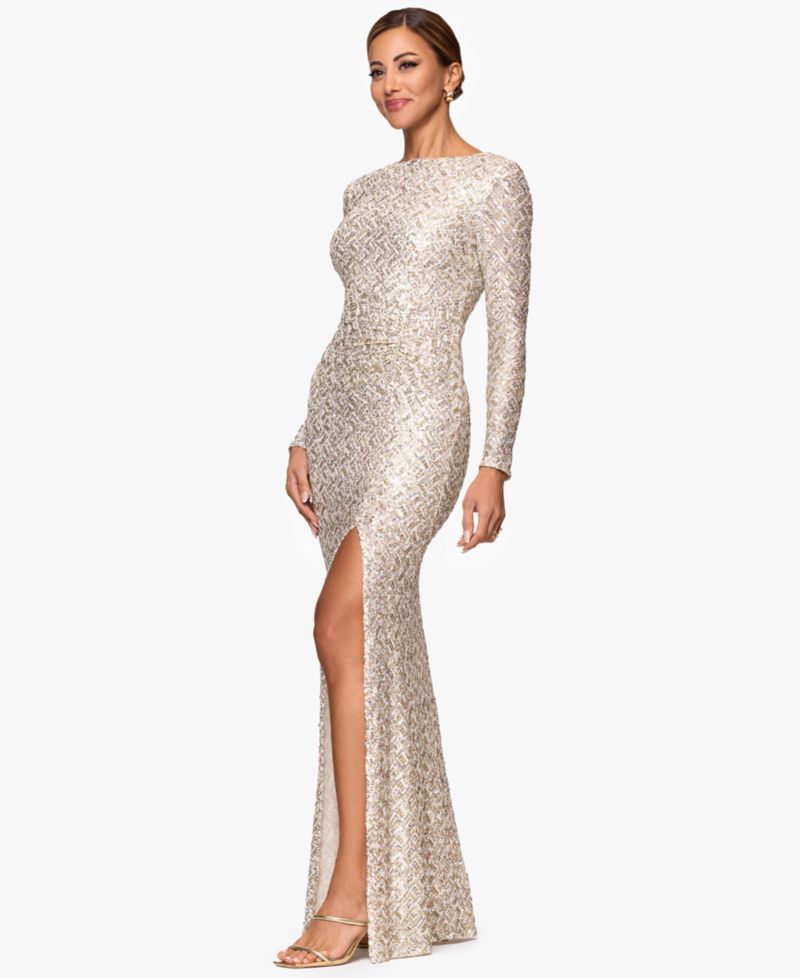 Petite Allover-Sequin Boat-Neck Long-Sleeve Dress