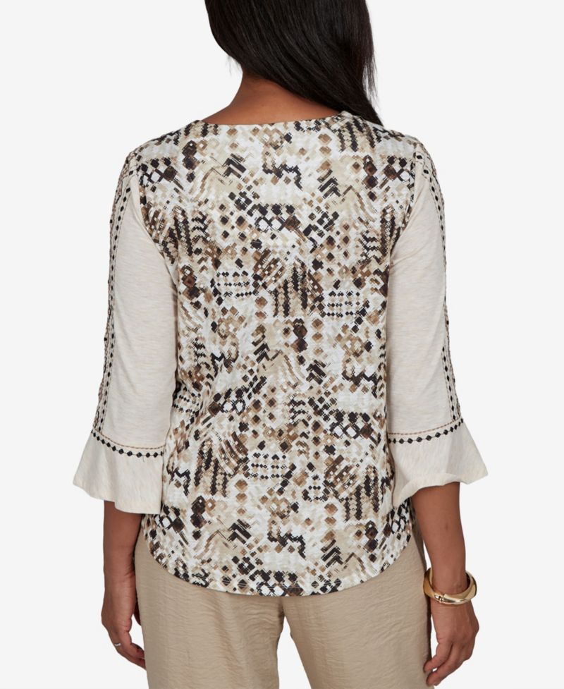 Women's Travel Advisory Geo Embroidered Printed Back Top