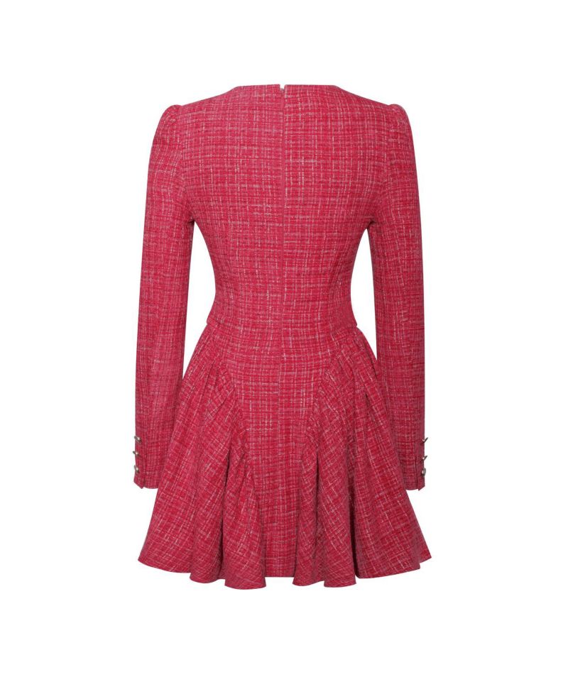Women's Tae Red Tweed Long Sleeve Drop Waist Mini Dress