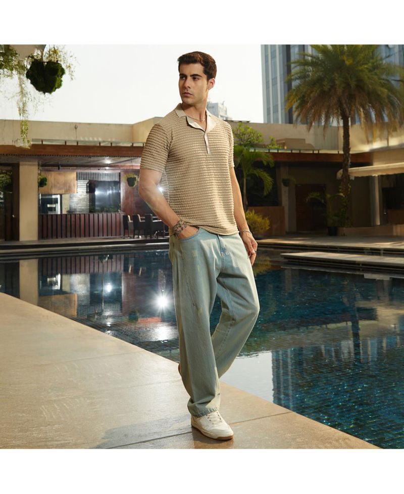Men's Ash Brown Crease-Tactile Cuban Polo T-Shirt