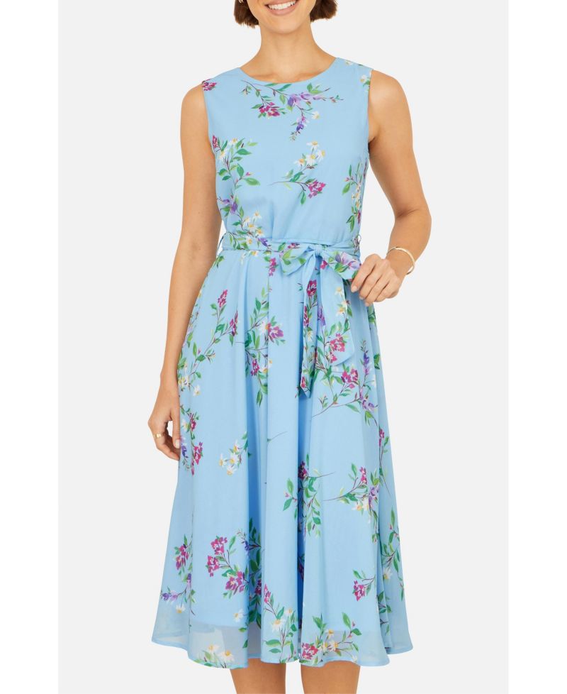 Women's Sleeveless Tie Waist Printed Midi Dress