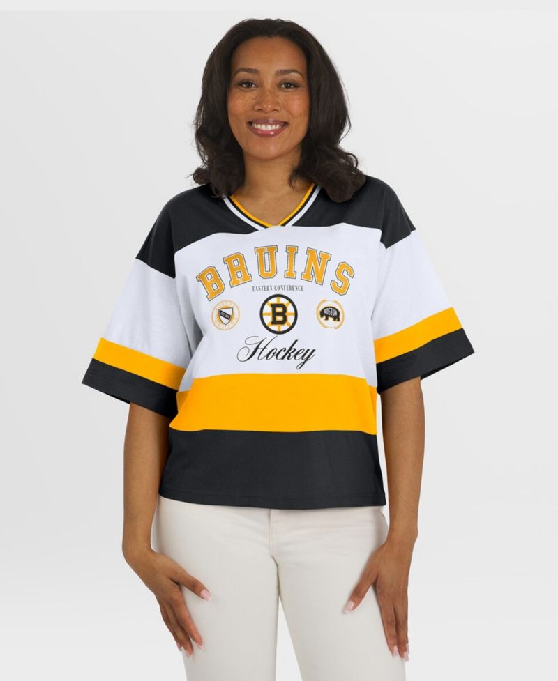 Women's Black/White Boston Bruins Jersey Style T-Shirt