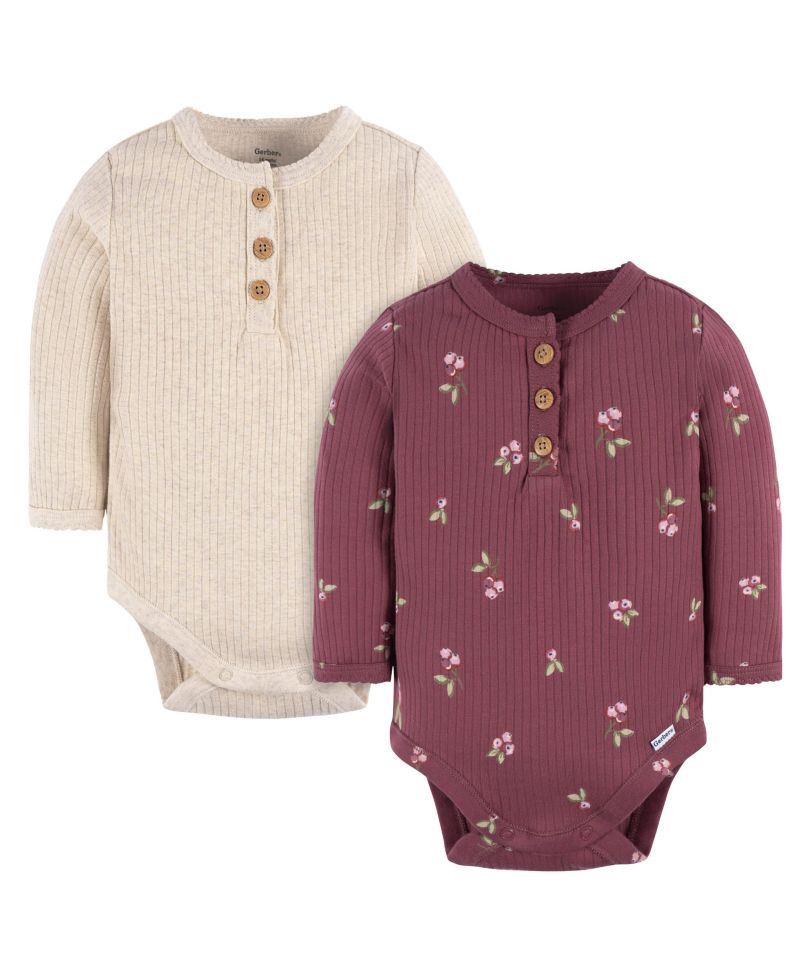 Baby Girls Henley Long Sleeve Bodysuits, 2-Pack