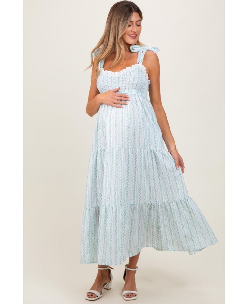 Women's Floral Striped Smocked Shoulder Tie Maxi Dress