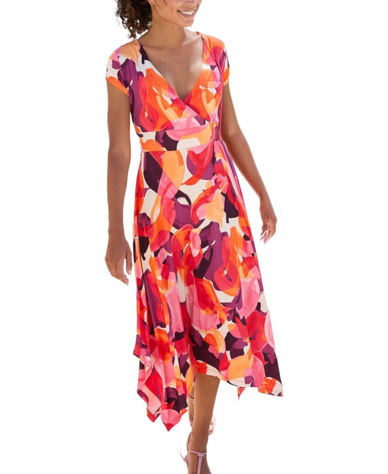 Women's Viscose Printed Handkerchief V-Neck Tie-Waist Midi Dress