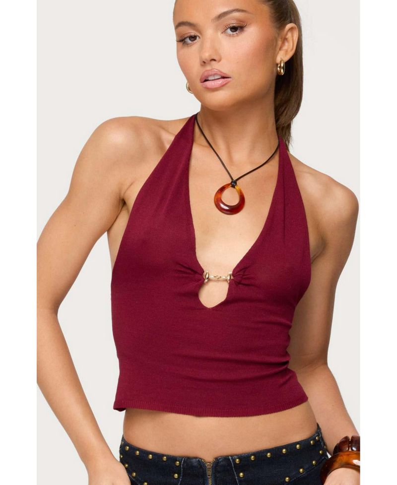Women's Missie Knitted Plunge Neck Halter Top