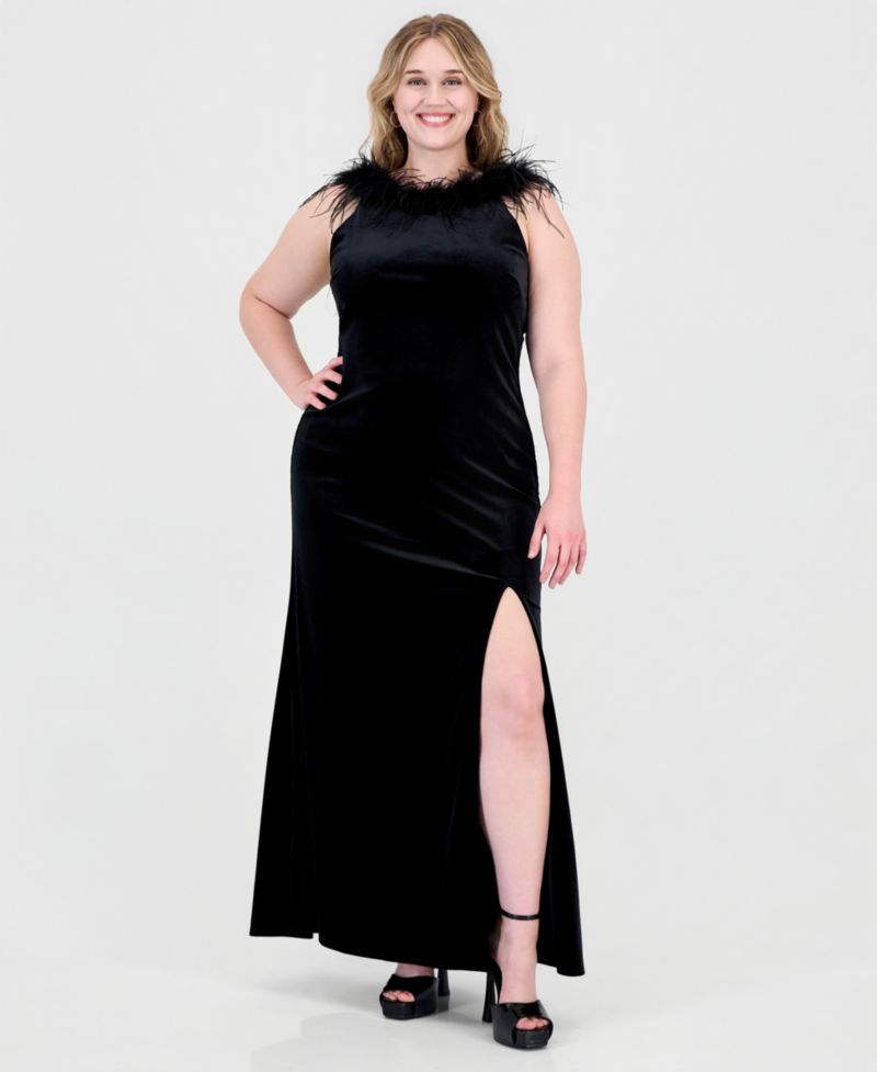 Plus Size Velvet High-Neck Feather Trim Gown