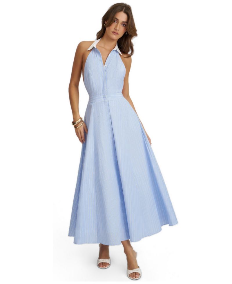 Women Winslet Sky Blue Striped Cotton Poplin Halter Maxi Dress
