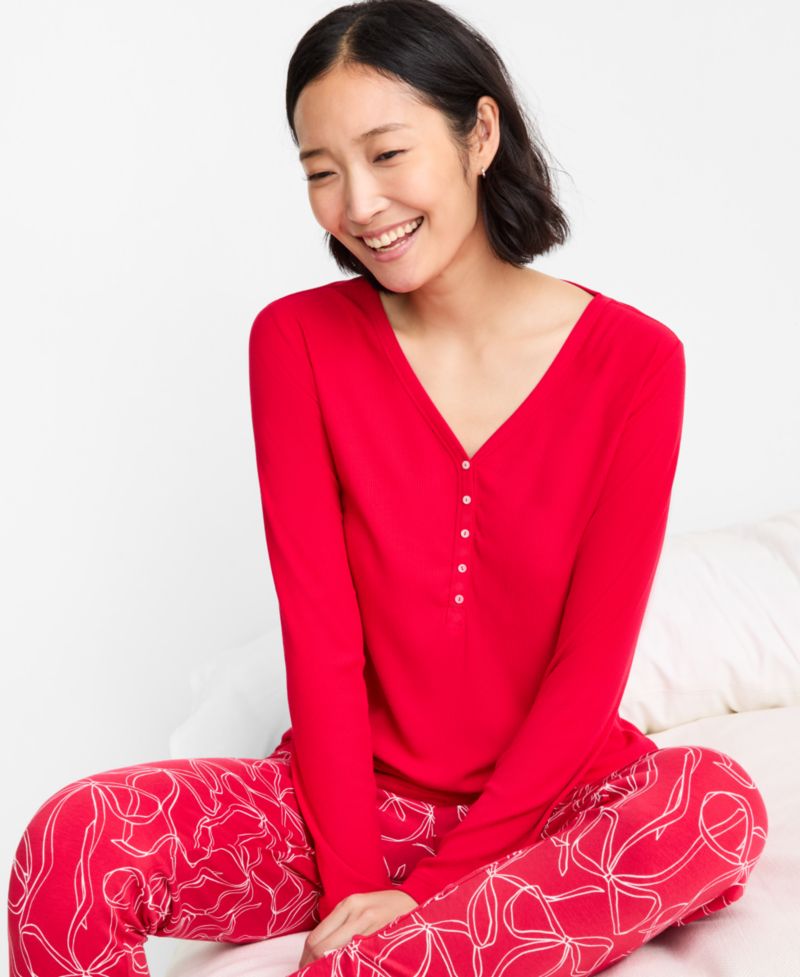 Women's Long-Sleeve Ribbed Henley Sleep Top XS-3X