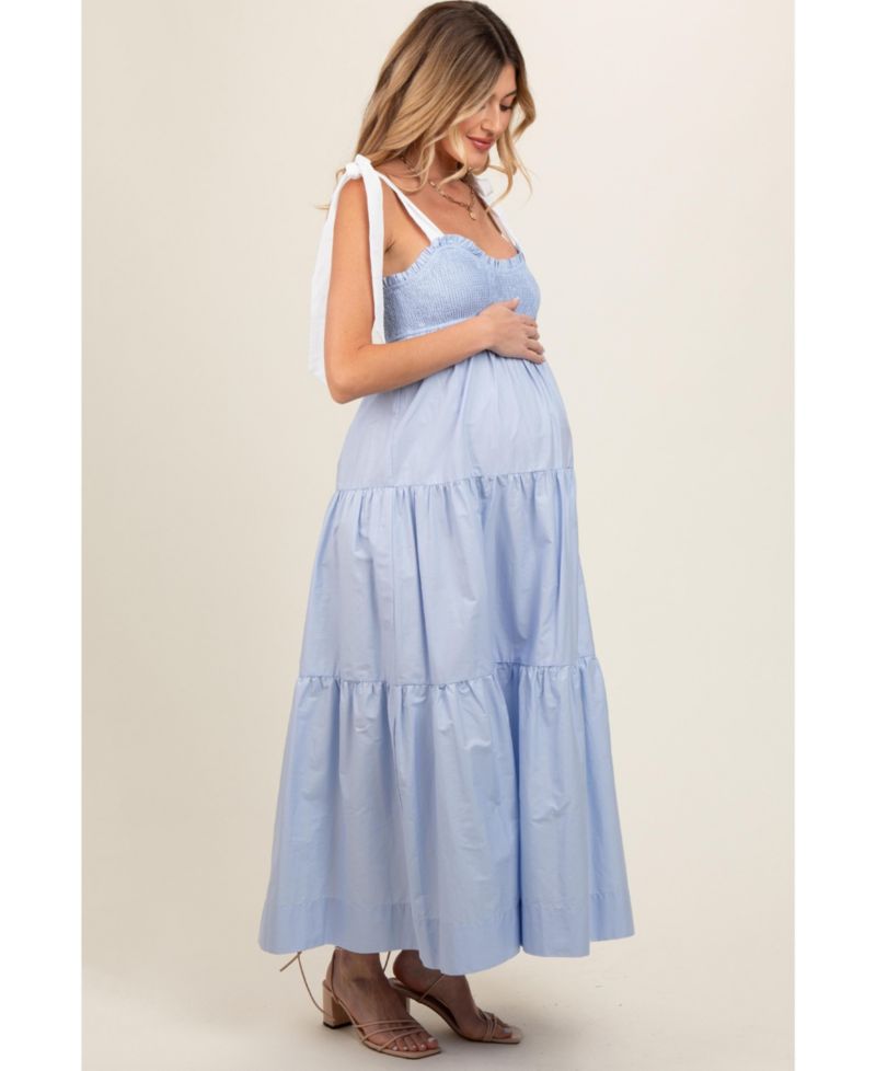 Women's Light Blue Contrast Shoulder Straps Maxi Dress