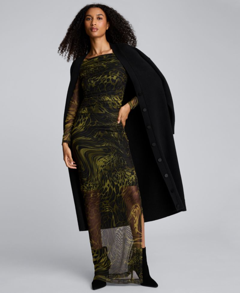 Women's Long Sleeve Ruched Printed Sheath Dress