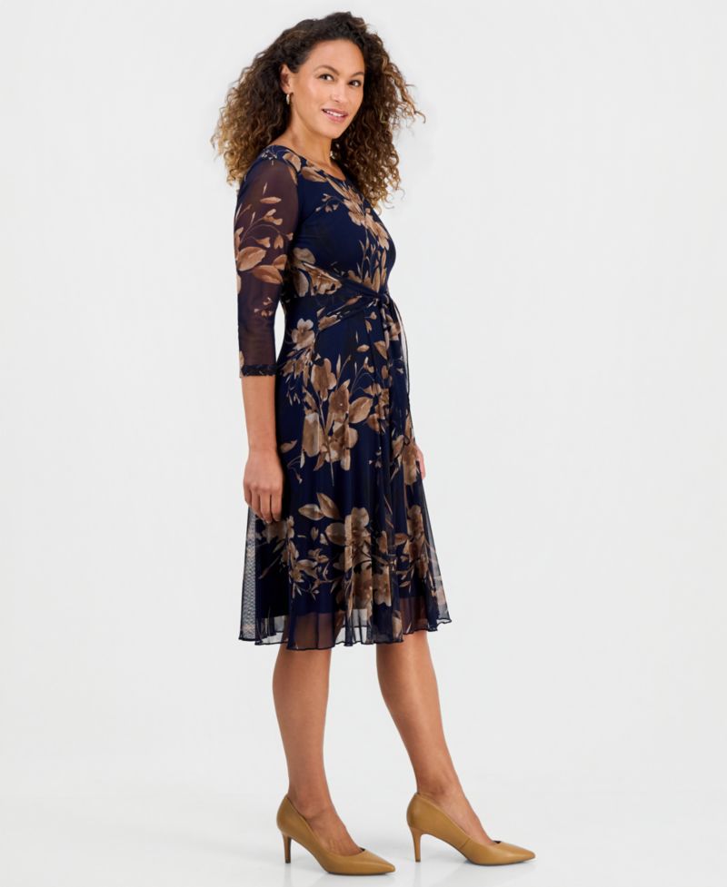 Petite Tie-Waist Floral-Print Fit-and-Flare Midi Dress