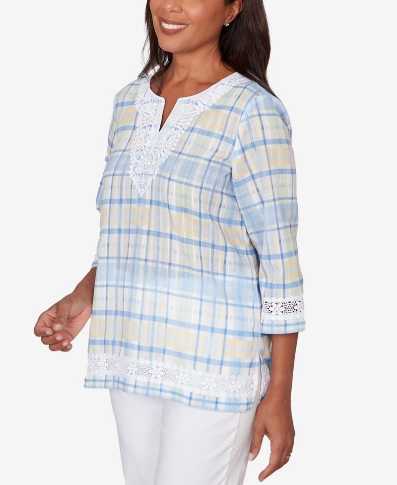 Plus Size Classic Plaid Embellished Lace Top