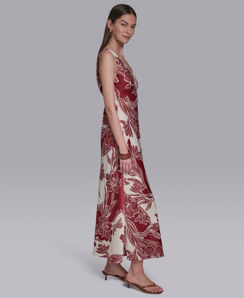 Women's Sleeveless Hibiscus Printed V-Neck Maxi Dress