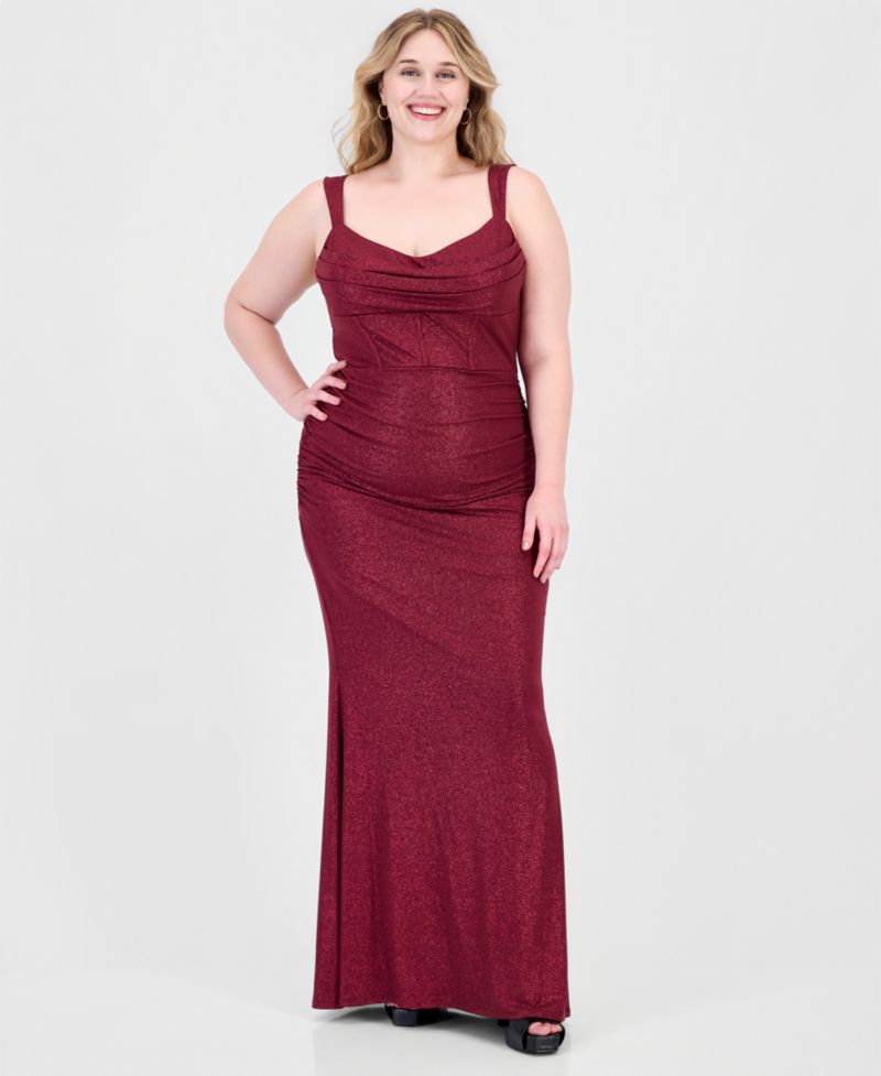 Plus Size Glitter Knit Drape Front Long Cowl Neck Dress