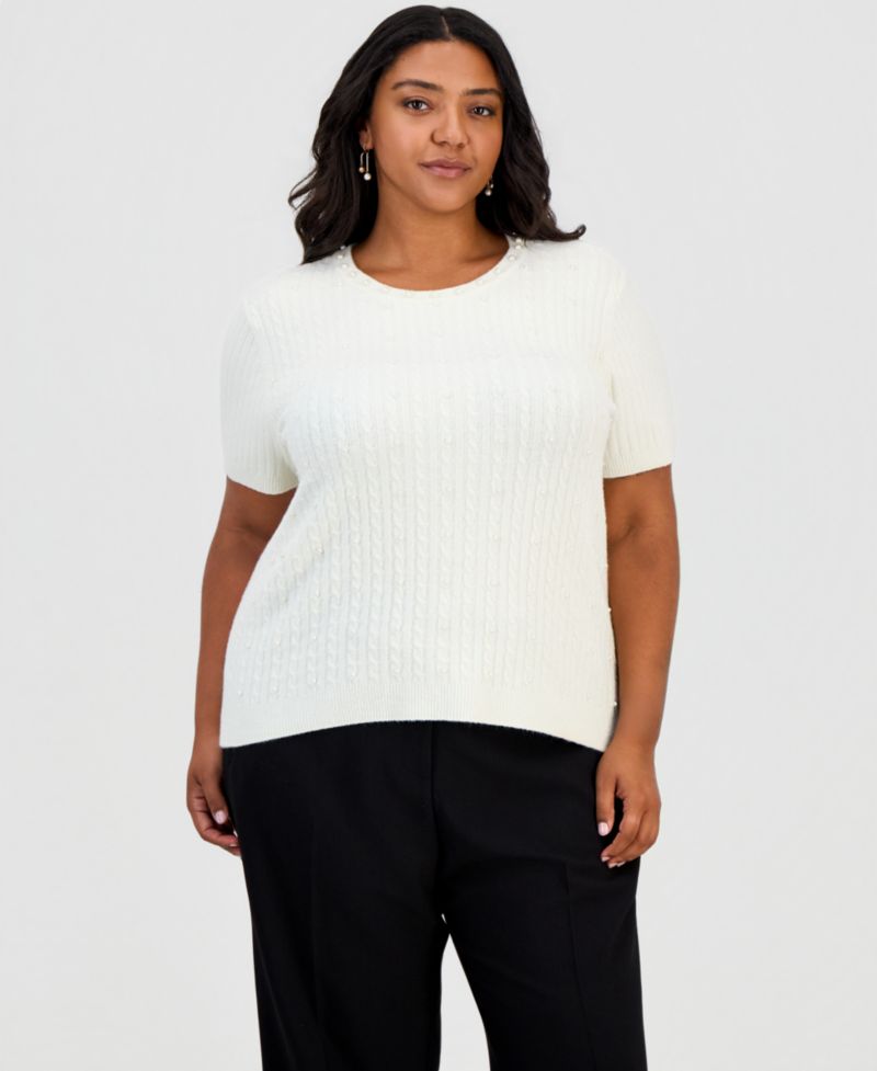 Plus Size Cable-Knit Embellished Sweater