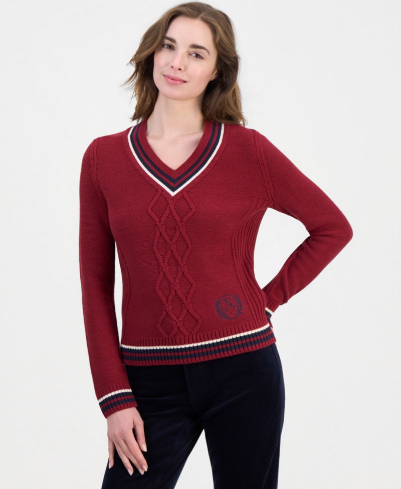 Women's V-Neck Varsity Tipped Sweater