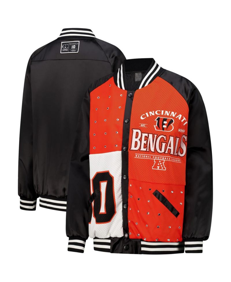 Women's Black/Orange Cincinnati Bengals Oversized Hot Shot Rhinestone Throwback Full-Snap Varsity Bomber Jacket