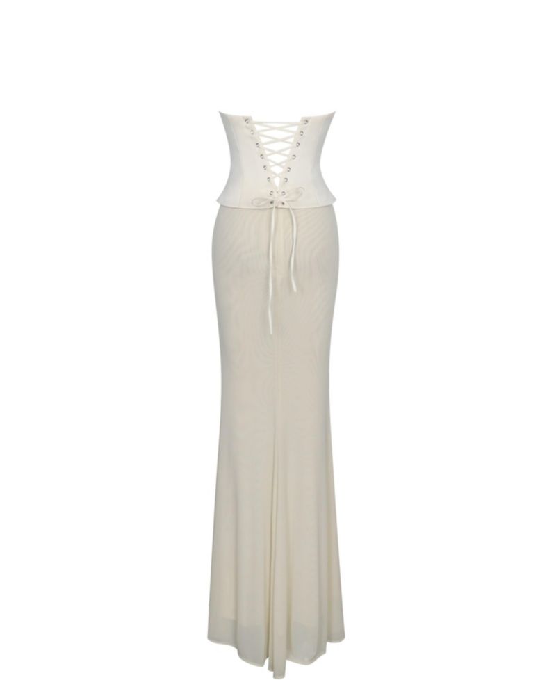 Women's Adelina Butter Yellow Peplum Mermaid Gown with Lace-up Back