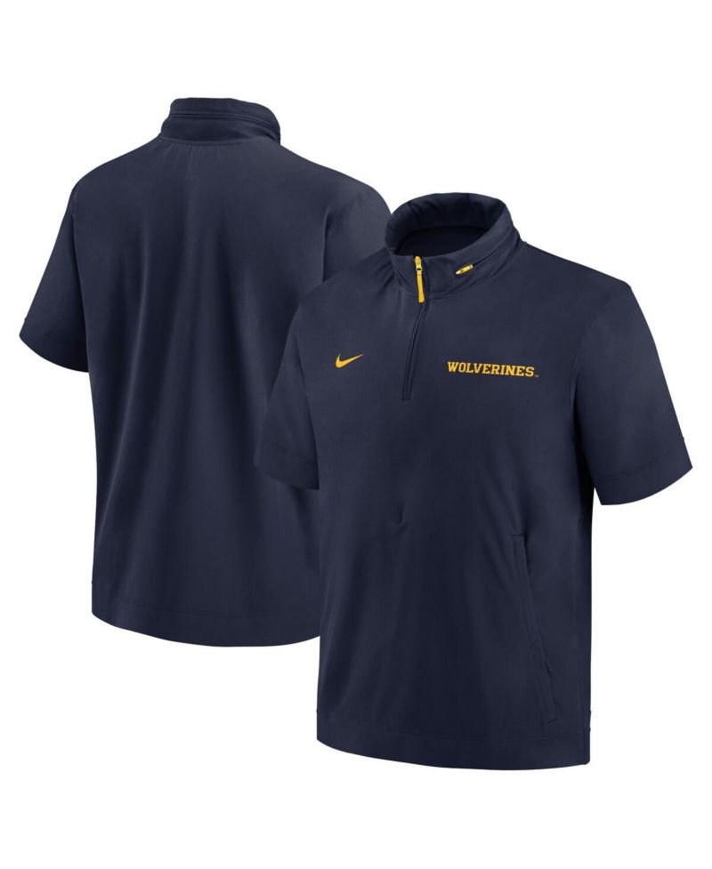 Men's Navy Michigan Wolverines 2024 Sideline Coach Short Sleeve Half-Zip Hoodie Jacket